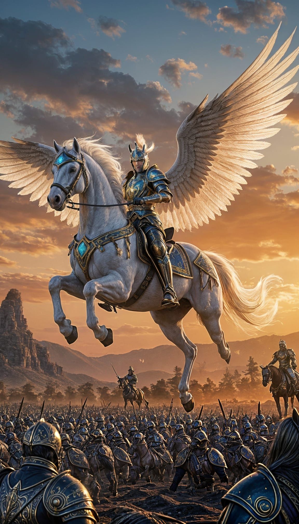 Armored White Horse Soaring Through Crimson Sky