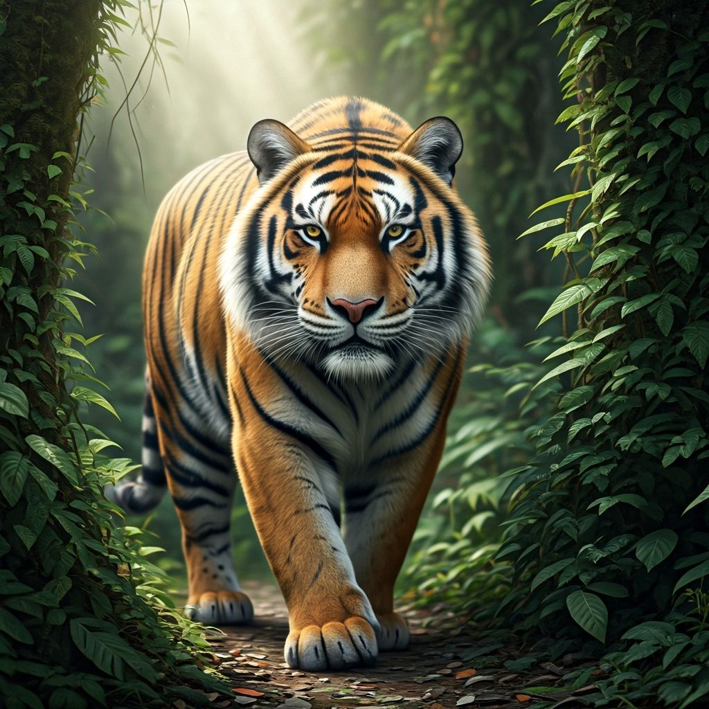 Majestic Tiger Prowls Through Ancient Jungle