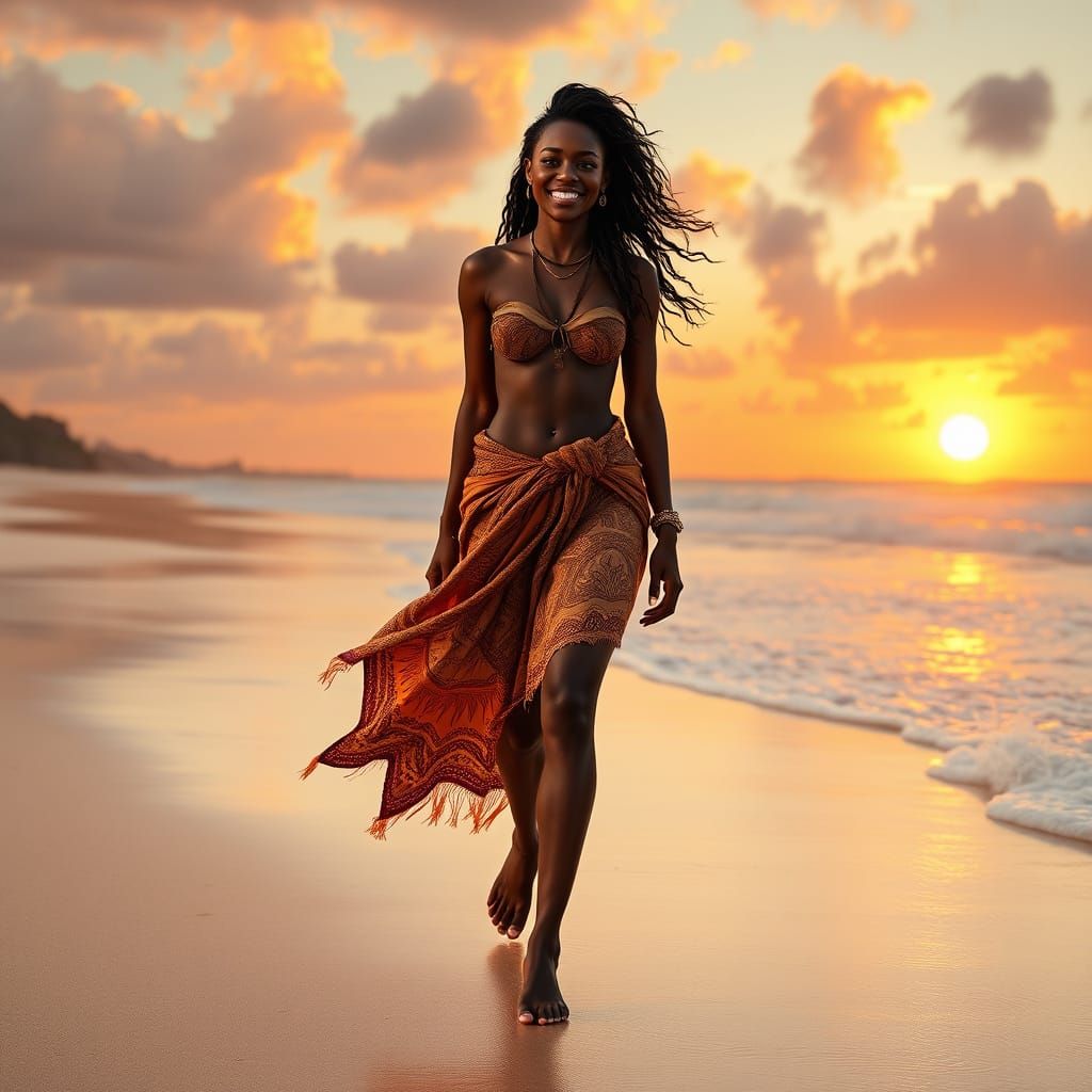 Confident Black Woman Strides Along Sun-Kissed Beach at Fier...