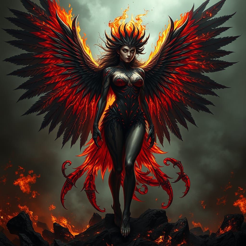 Corrupted Elara: Phoenix Hybrid with Dark Fire Wings