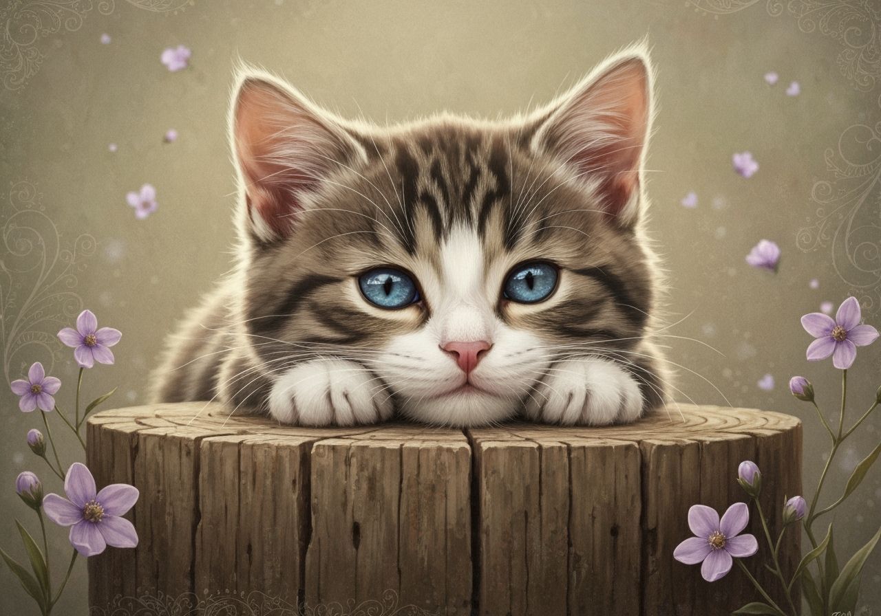 Serene Kitten Resting on Wooden Stump with Purple Flowers