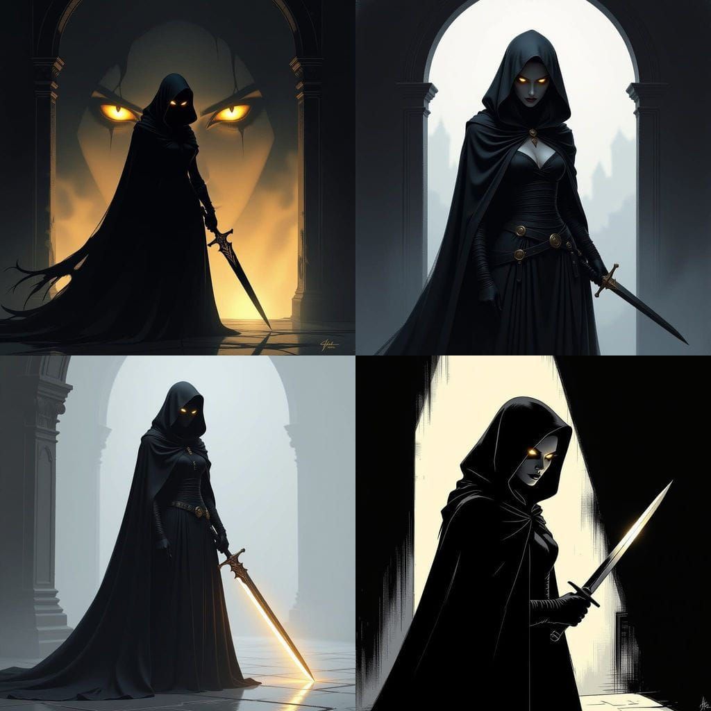 Mysterious Silhouette with Glowing Eyes and Dagger