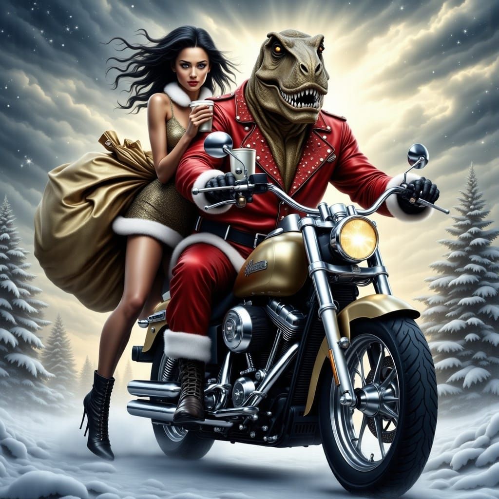 Santa T-Rex Rides Chrome Harley Through Snowy Street, Surrou...