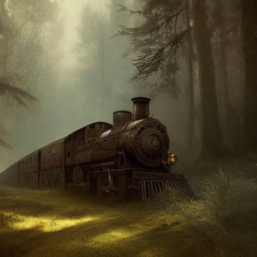 Ruined Train Engine in Forest: Dark Fantasy Art
