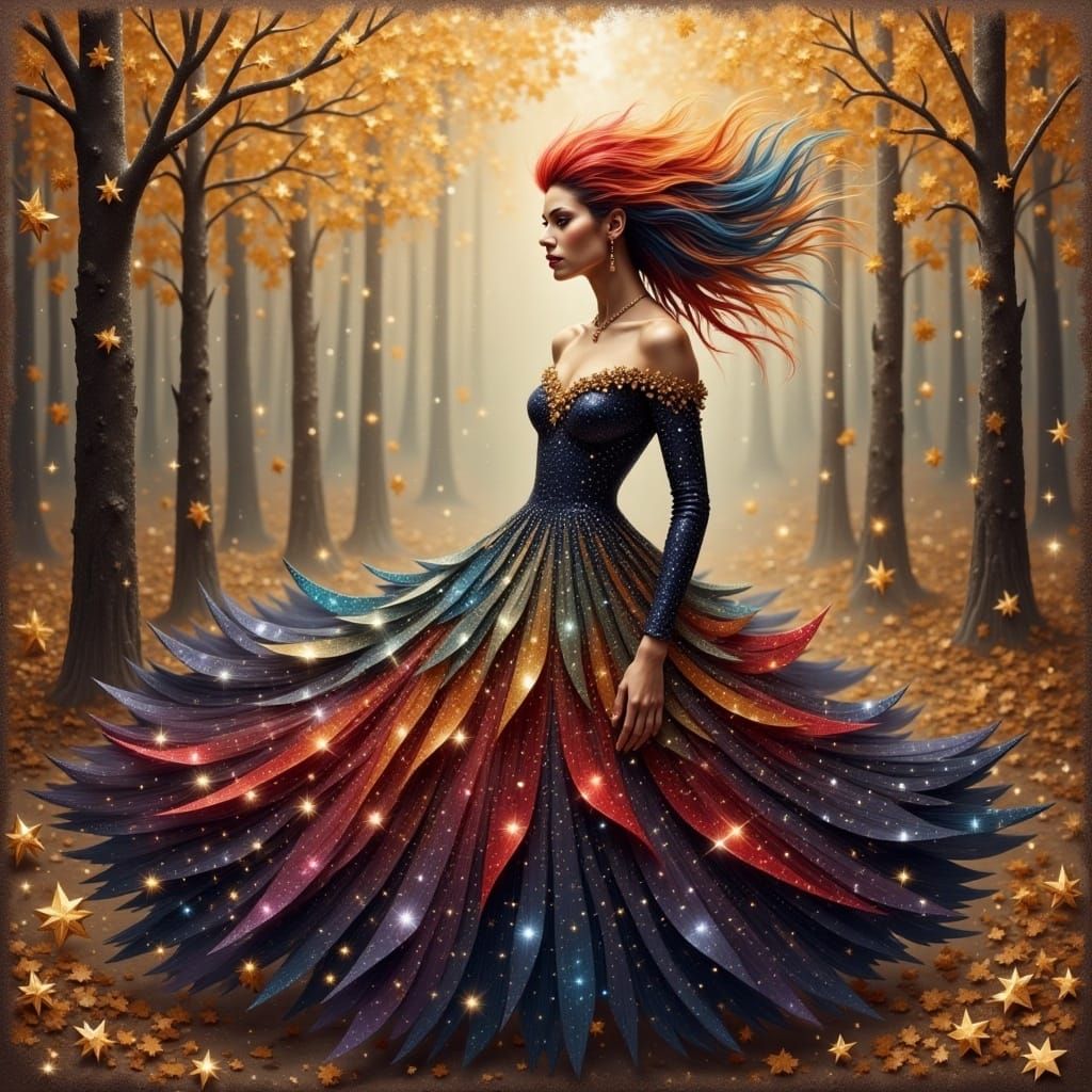 Rainbow Figure in Autumn Landscape with Vintage Texture