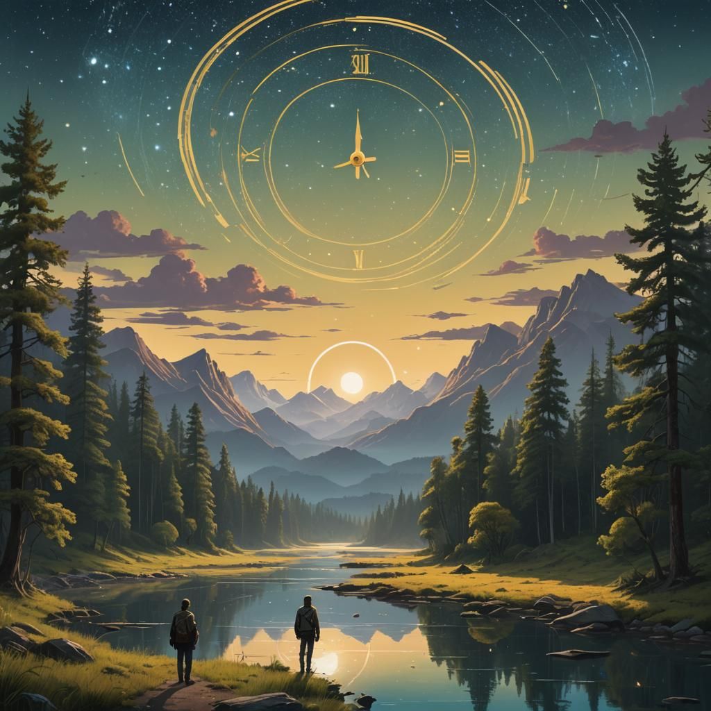 Mystical Forest Scene with Cosmic Clock, Digital Art