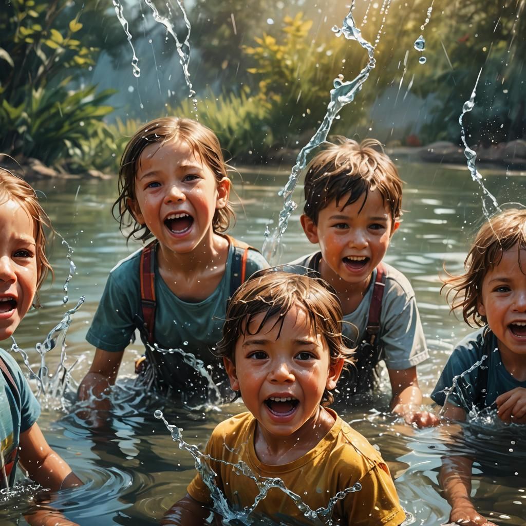 Dry Cracked Ground Children Walk Towards a Small Body of Wat...