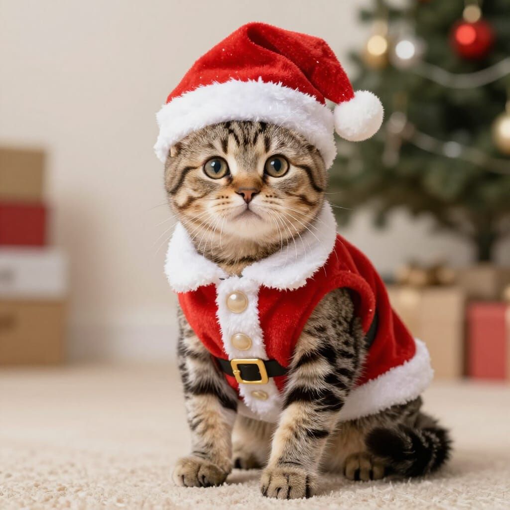 Tabby Kitten Dressed As Father Christmas In Tenniel Style