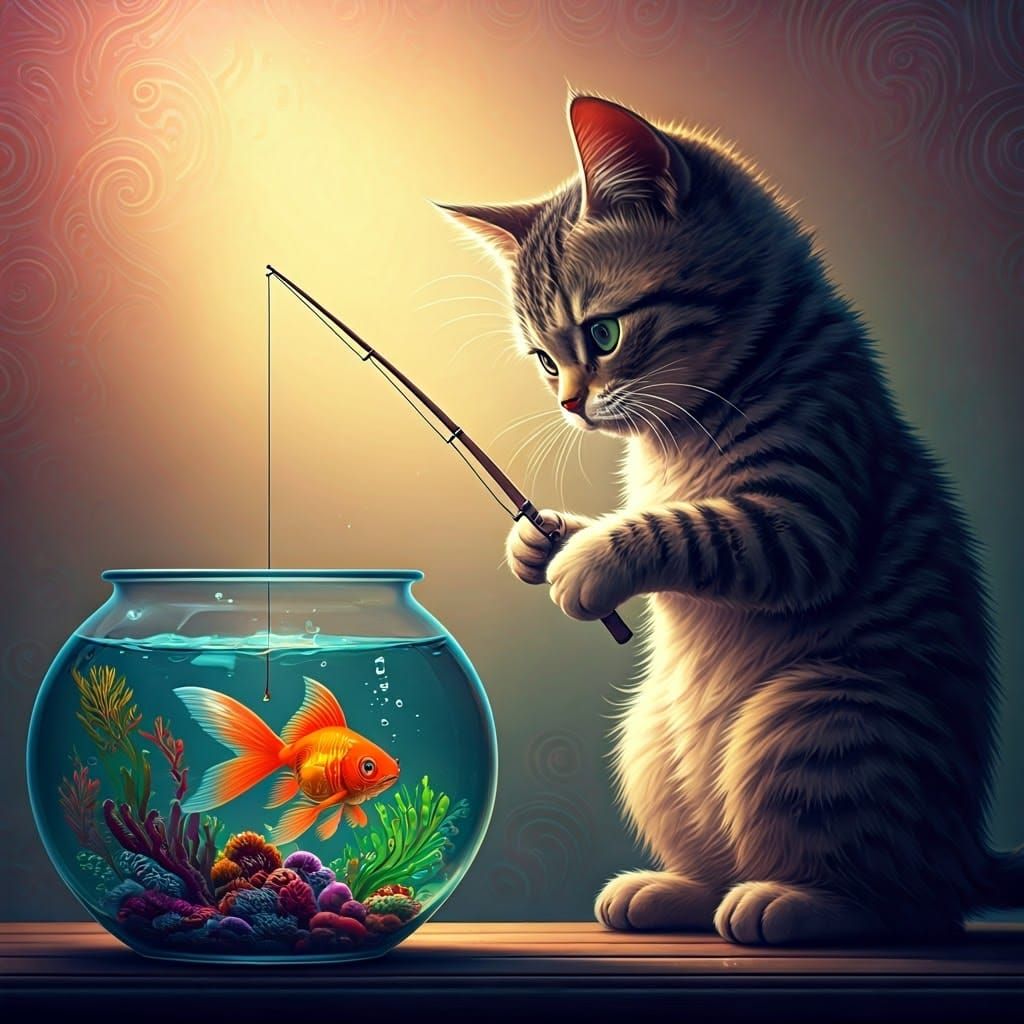 Cat Fishing in Goldfish Bowl, Fantasy Splash Art