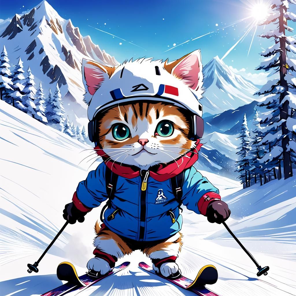 Kitten's Ski Adventure in Anime Style