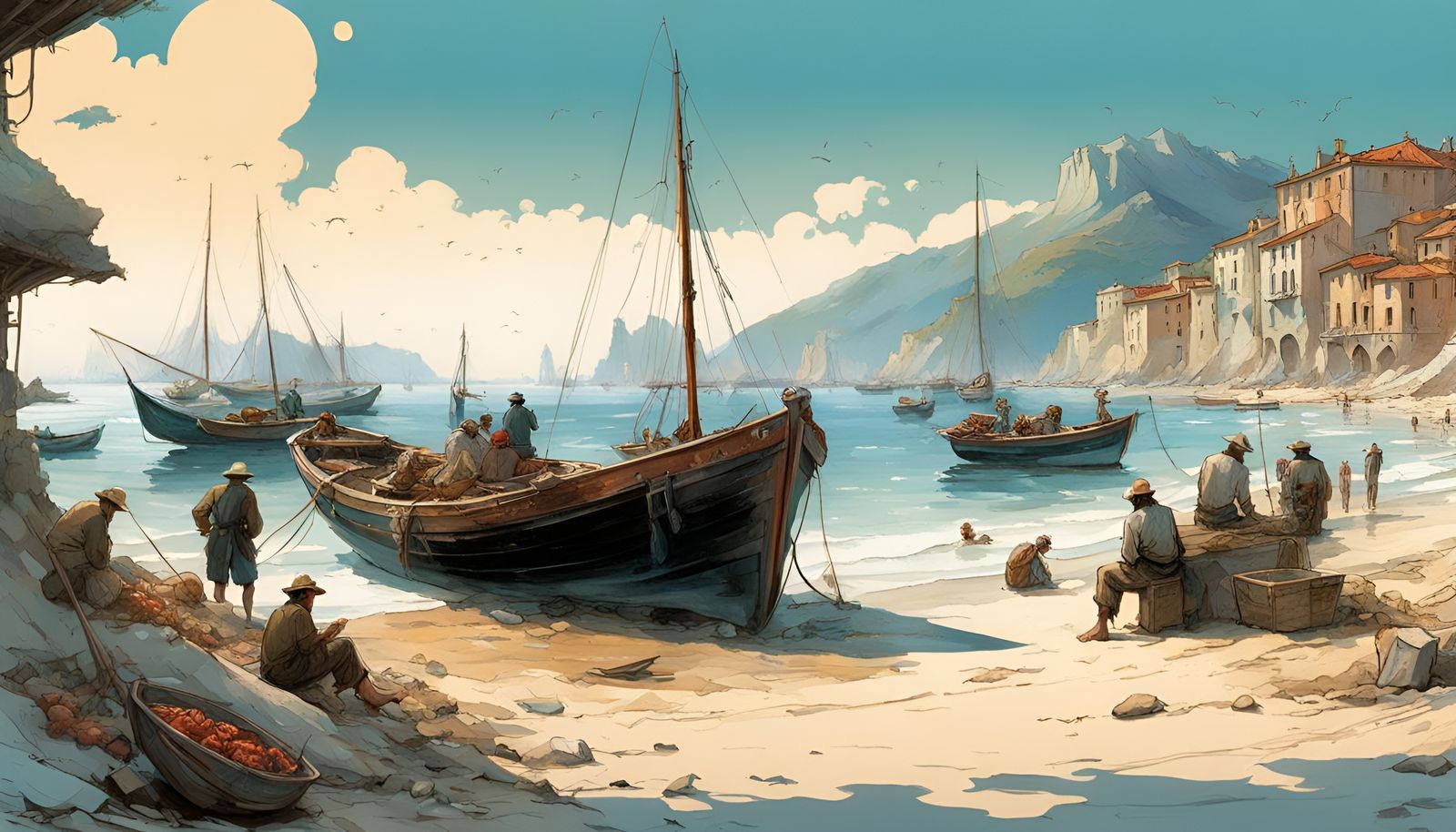 Italian Beach Scene with Fishermen in Manhwa Style