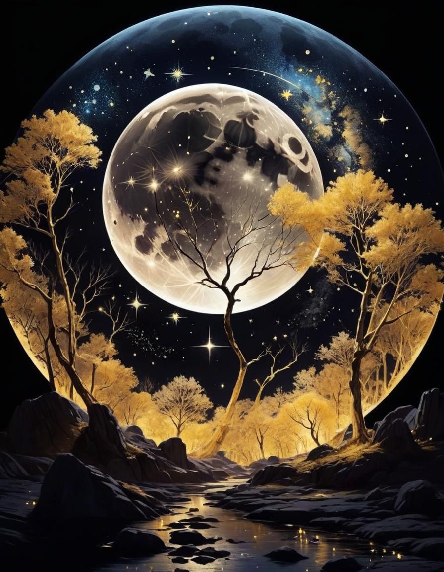 Shimmering Night Sky with Moonlit Constellations