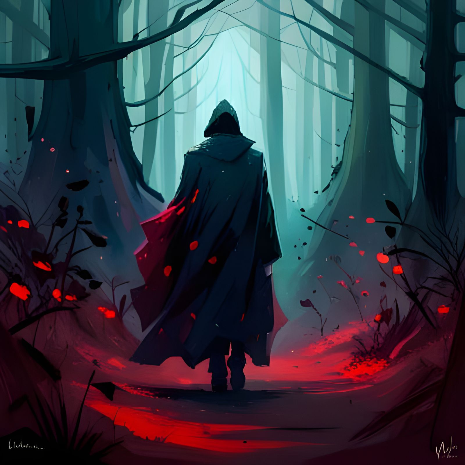 Mysterious Cloaked Figure in Forest: Manga Painting