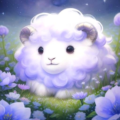Celestial Sheep in Moonflower Field Watercolor Painting