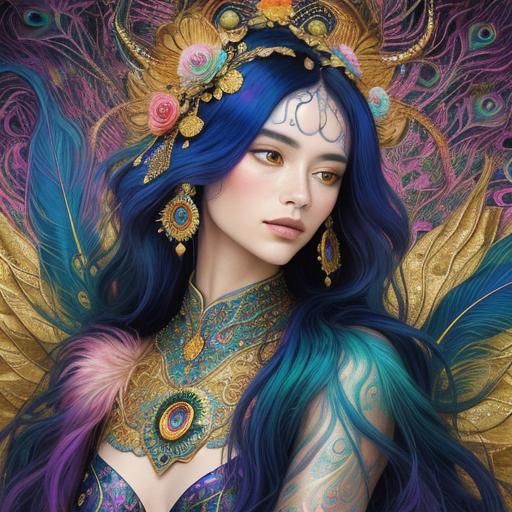 Silver Woman and Dragon Peacock in Abstract Fauvism