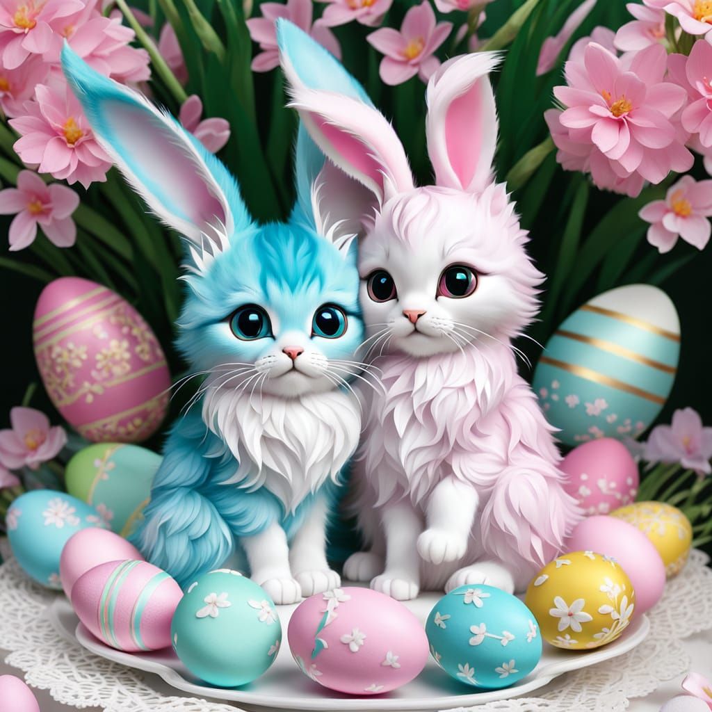 Vibrant Easter Bunny Kitten in a Fantasy Forest