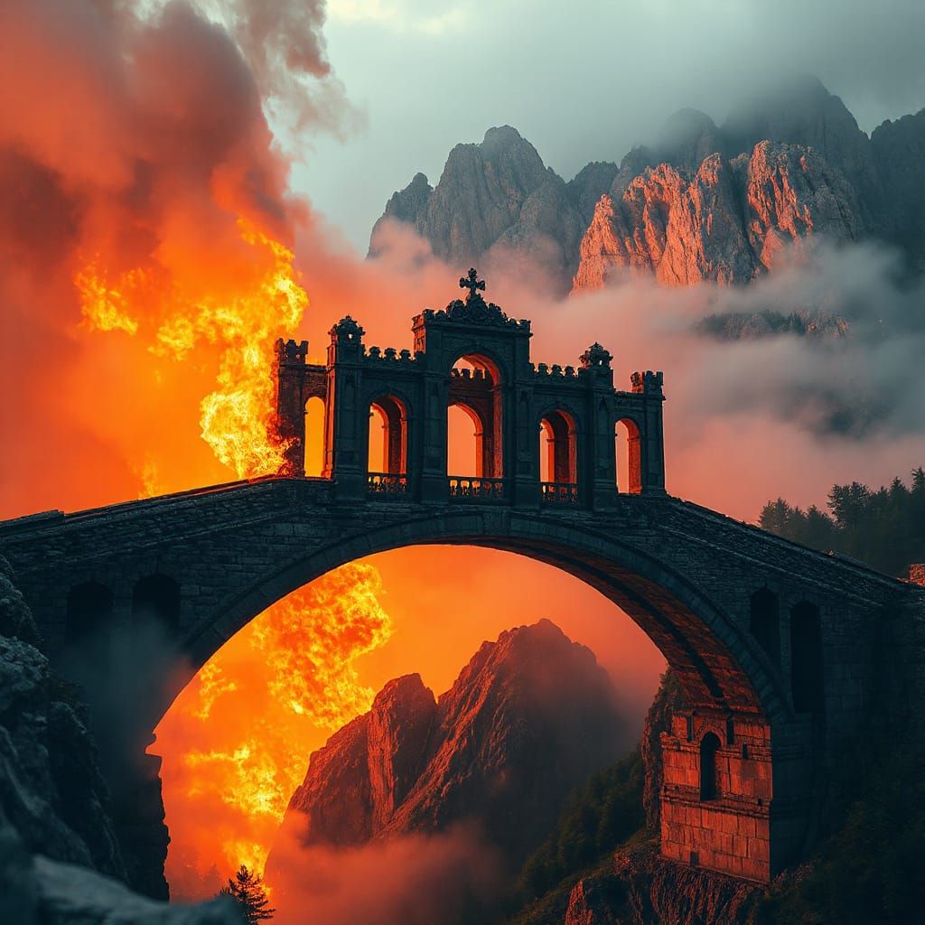 Ancient Bridge Consumed by Fiery Inferno in a Dark, Gritty L...