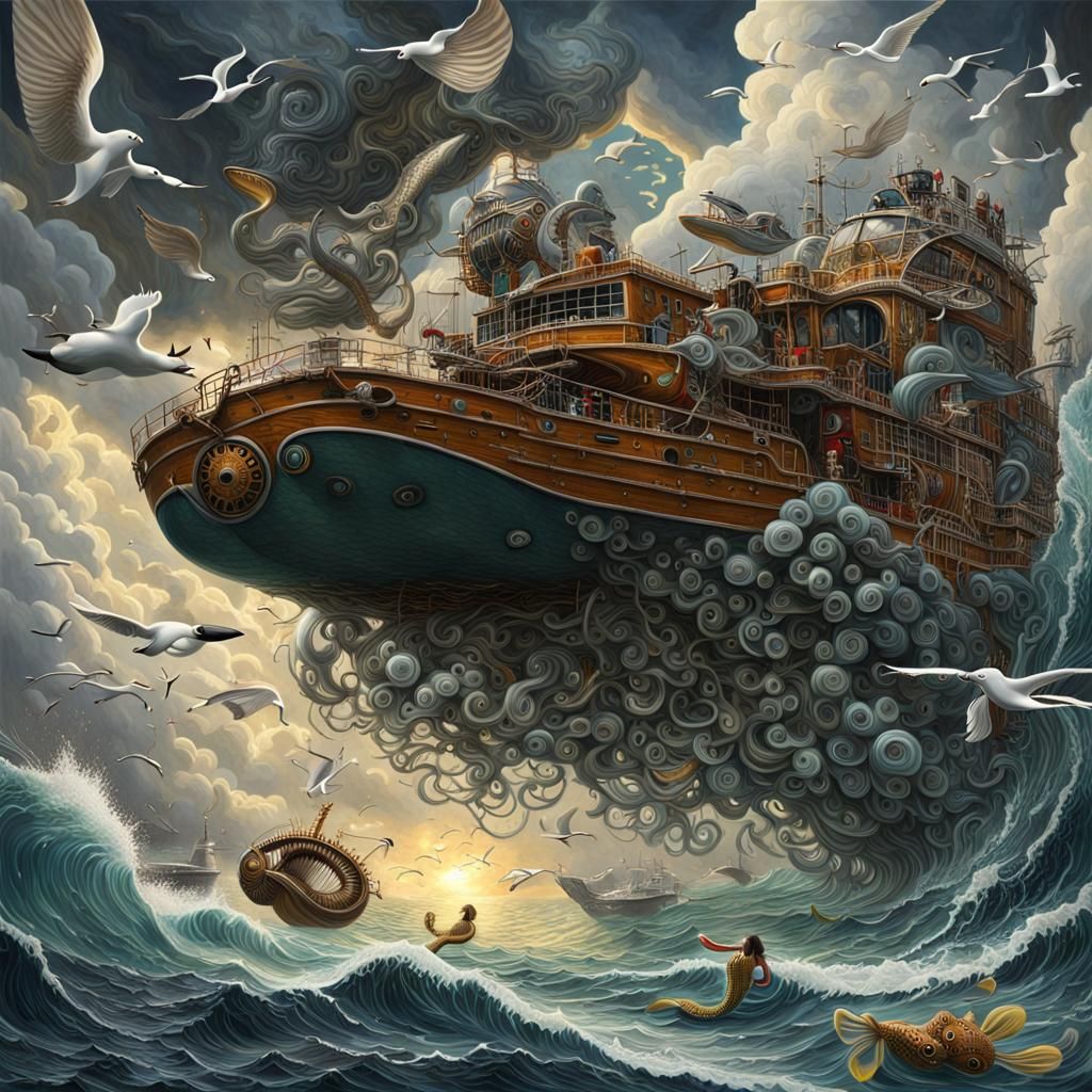 Flying Octopus in Pilot Gear Over the Sea