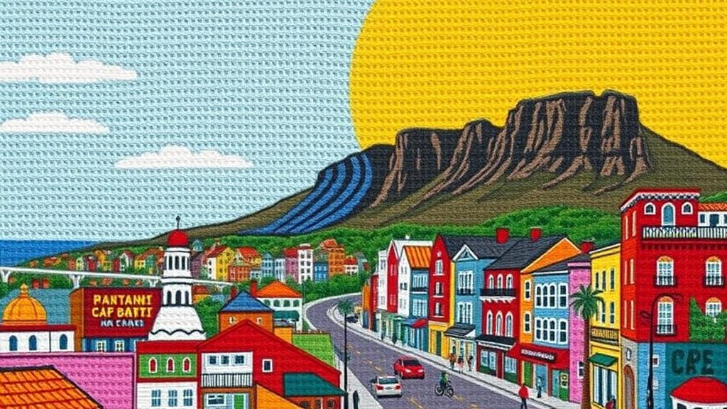 Vibrant Cape Town Tapestry in Cross-Stitch Style