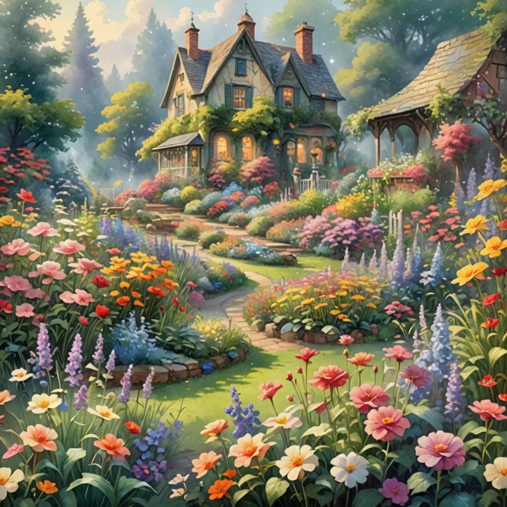 Blooming Summer Garden in Dry Watercolor Style