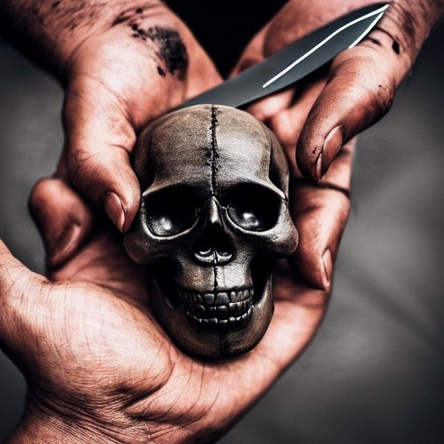 Photorealistic Person with Skull and Knife in Crowd