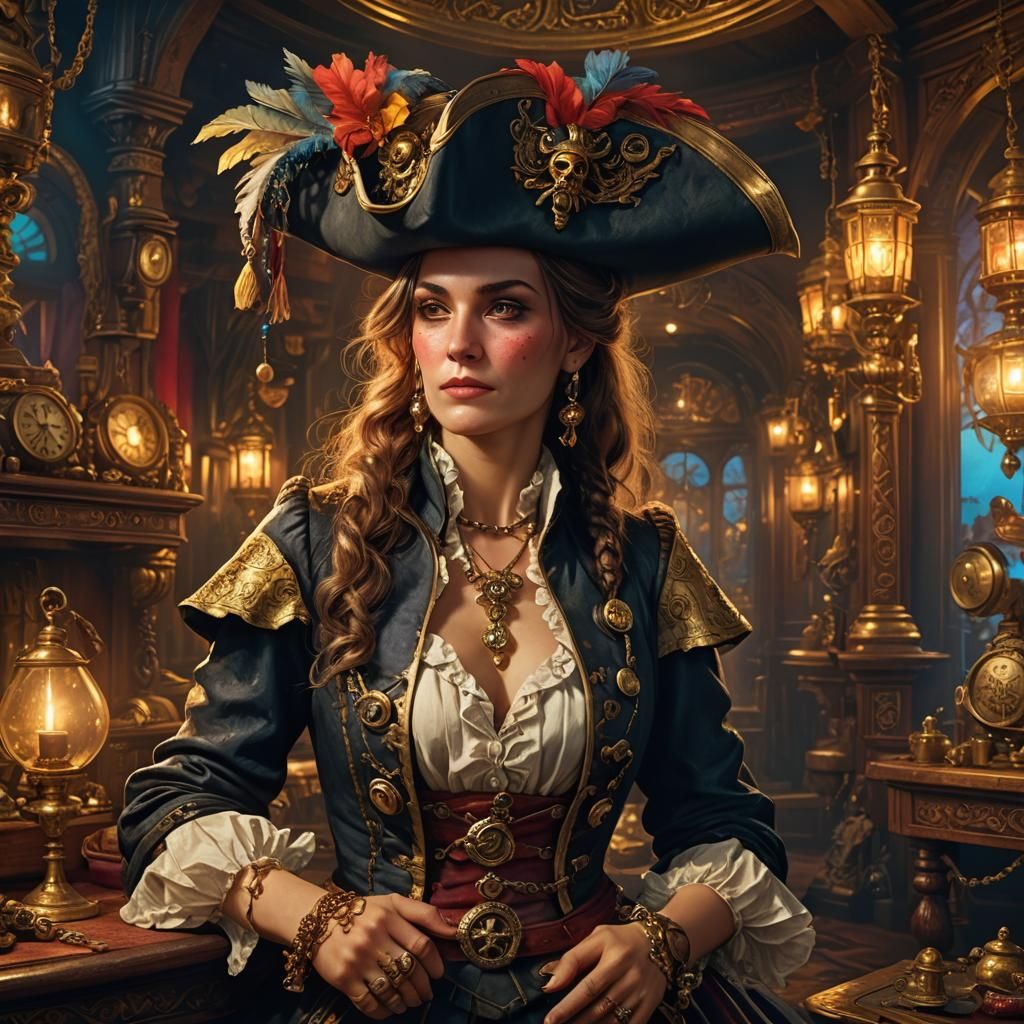 Victorian Pirate Woman in Opulent Chamber