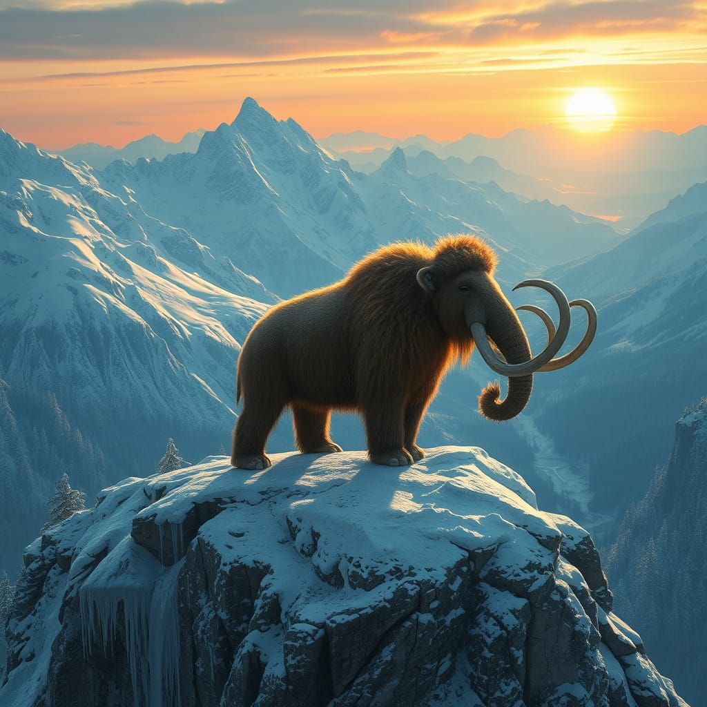 Majestic Woolly Mammoth in Snowy Mountain Fantasy