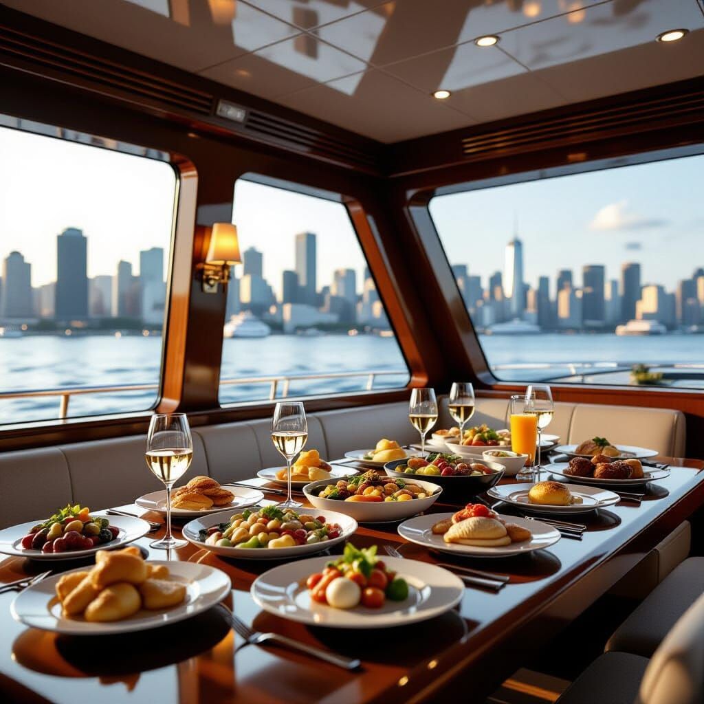 Luxury Yacht Interior Overlooking Vibrant Cityscape