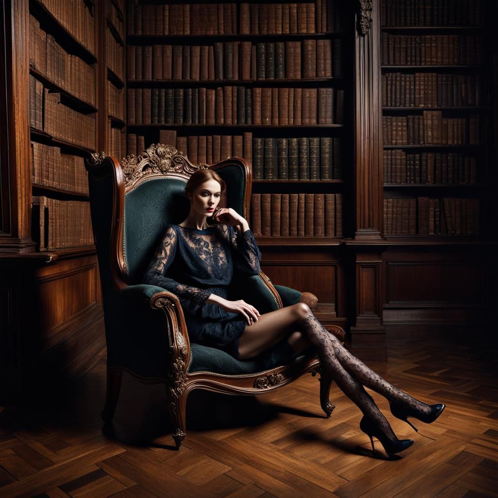 Elegant Supermodel Portrait in Ancient Library