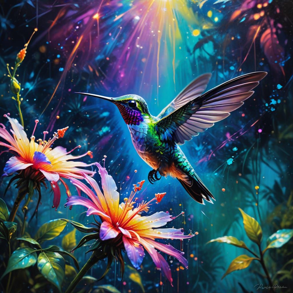 Hummingbird Sipping Nectar in Bioluminescent Jungle Oasis