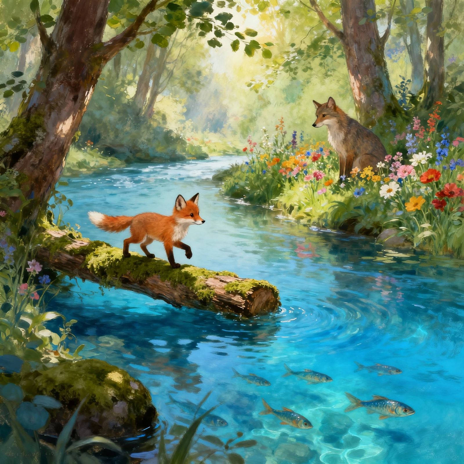 Cute Baby Fox Balances on Log in Blue River