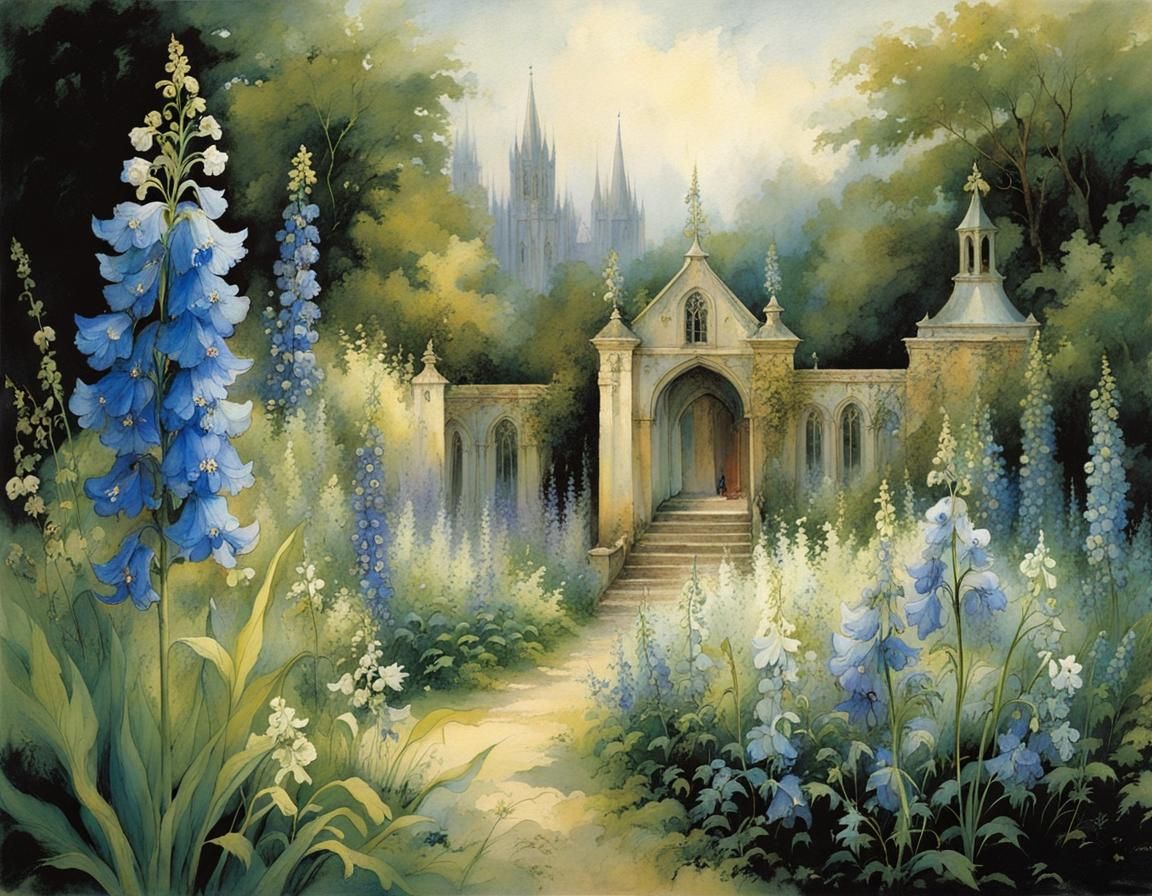 Delphiniums and Monkshoods in a Serene Monastery Garden