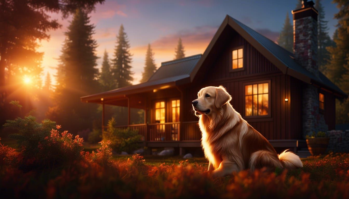 Golden Retriever at Sunset Cabin: Professional Photography