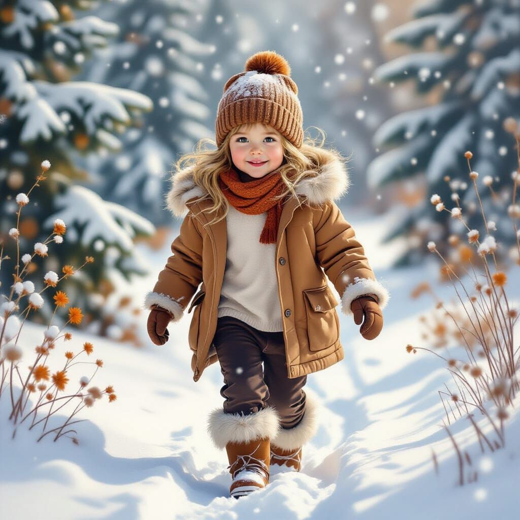 Adorable Girl Walking in Snowy Landscape, Digital Oil Painti...