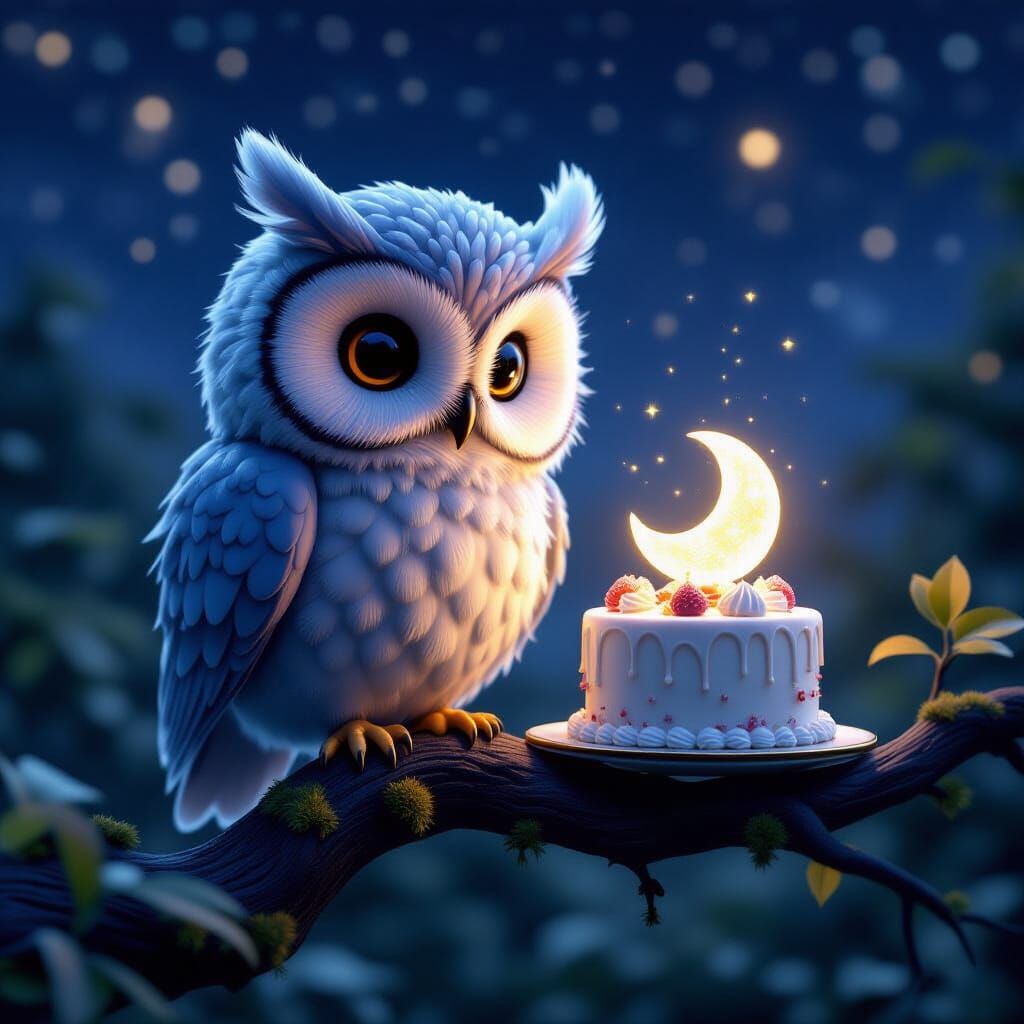 Fluffy Owl Admires Cake with Sugar Moon