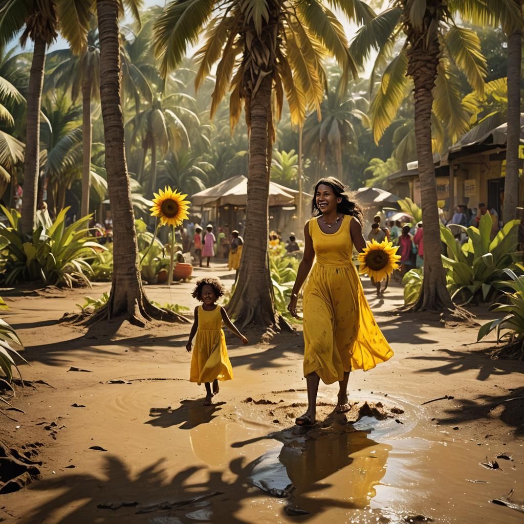 Girl in Yellow Dress at Market, Detailed Matte Painting