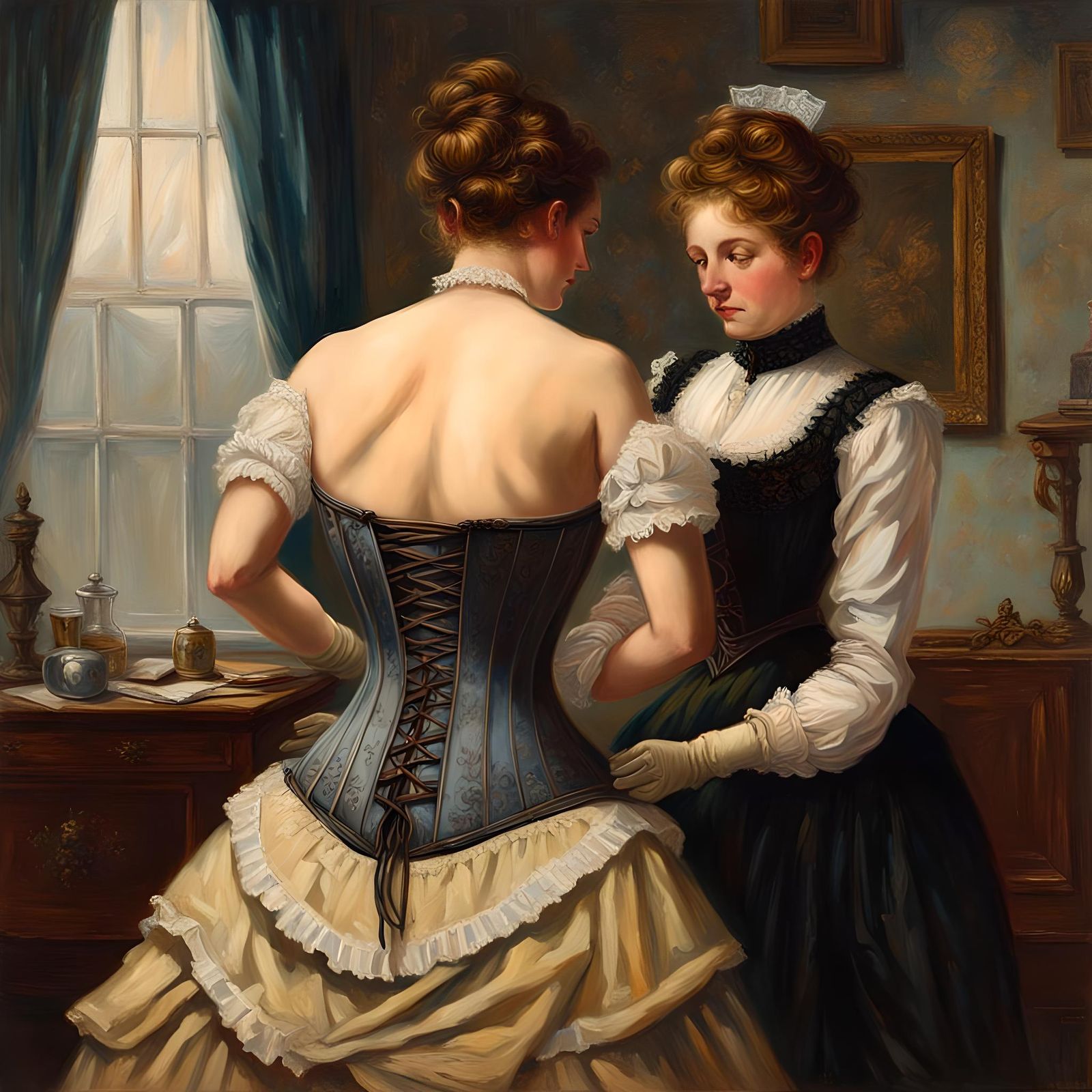 Victorian Lady's Corset Tightening: Oil Painting