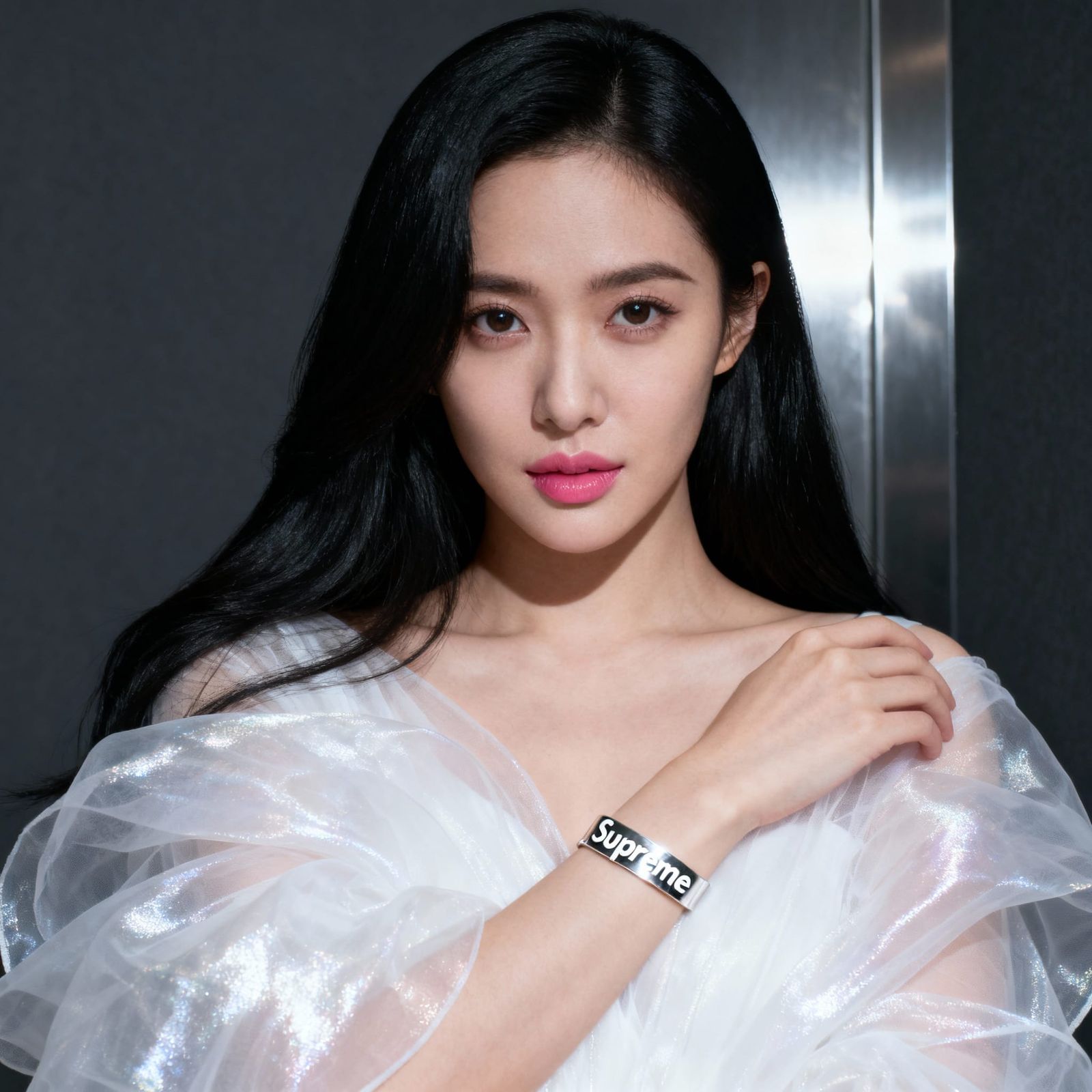 Elegant Asian Woman in Shimmering Organza Dress