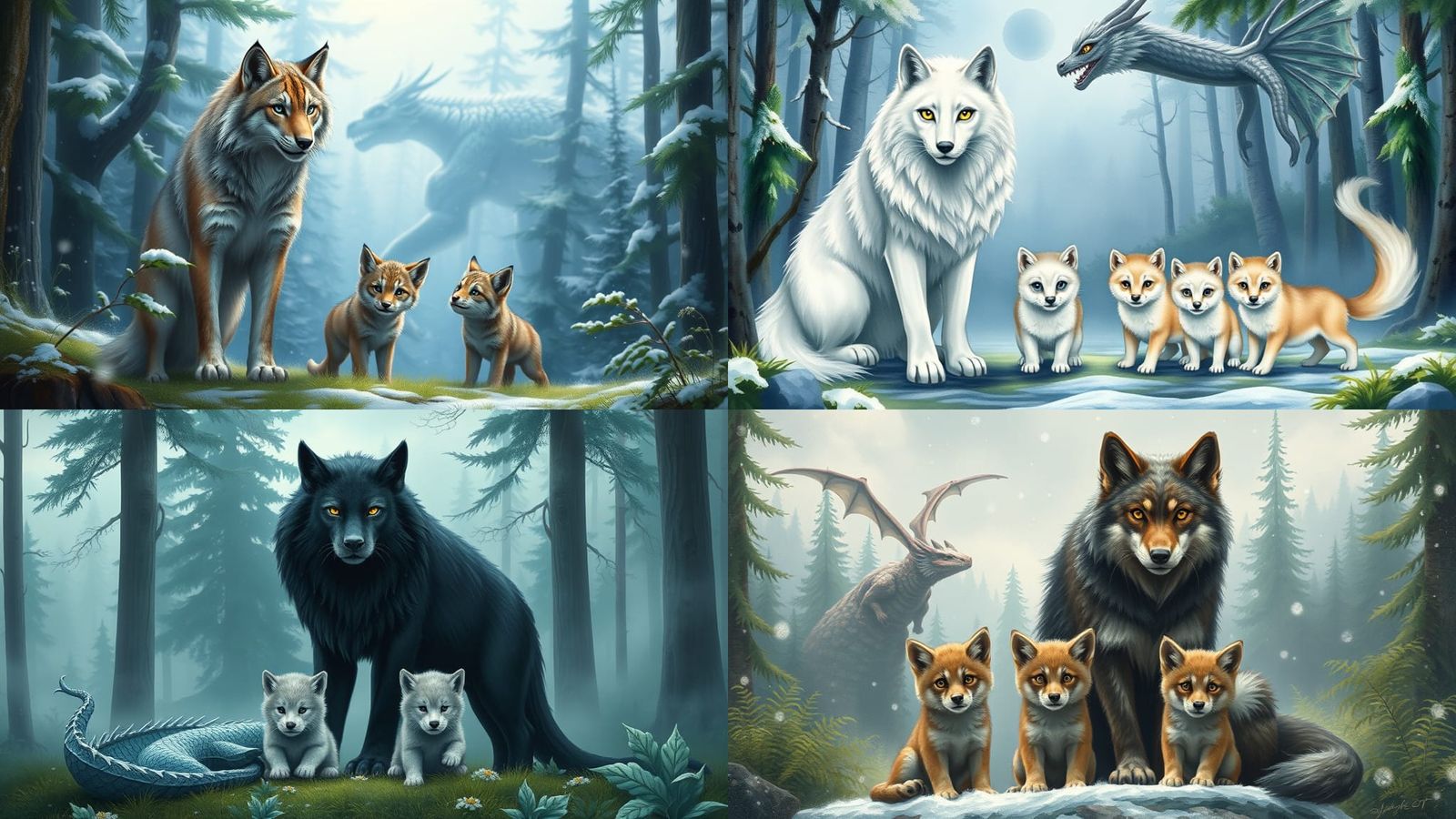 Wolf Cat King with Cubs in Enchanted Forest