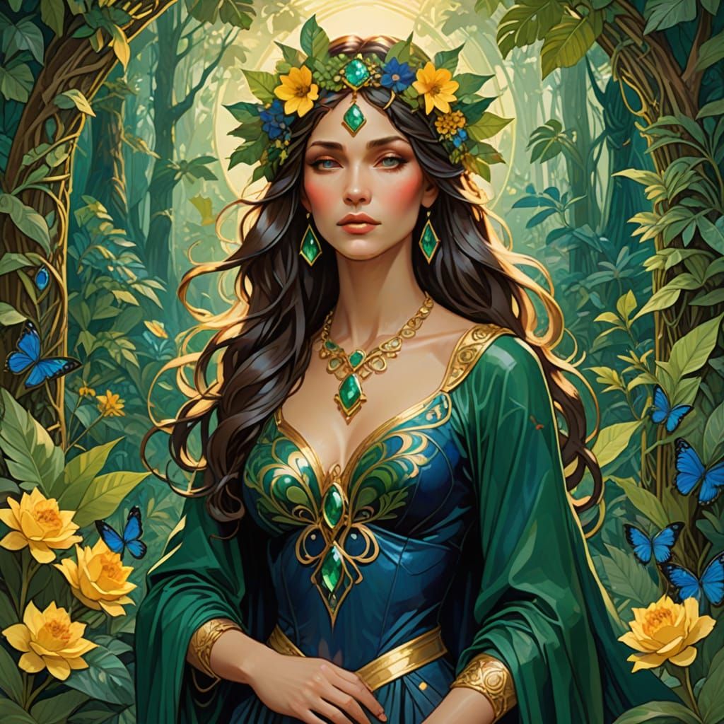 Earth Goddess Rising from Forest, in Art Nouveau Style
