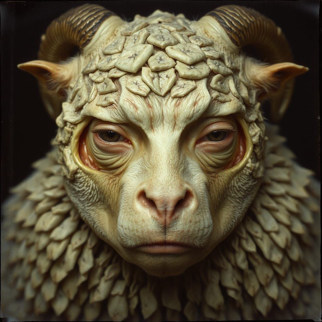 Eerie Sheep Portrait with Wrinkled Skin and Pouting Lips