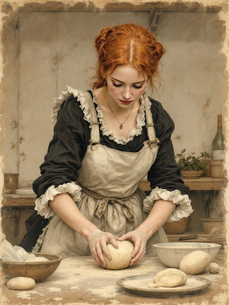 Redhead Baker Kneading Dough in Rustic Kitchen