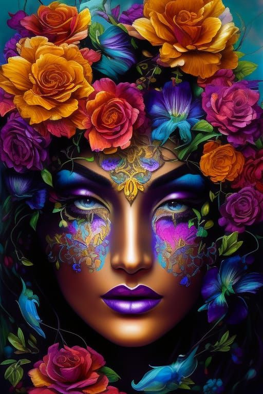 Woman with Flower-Skull Face in Detailed Matte Painting