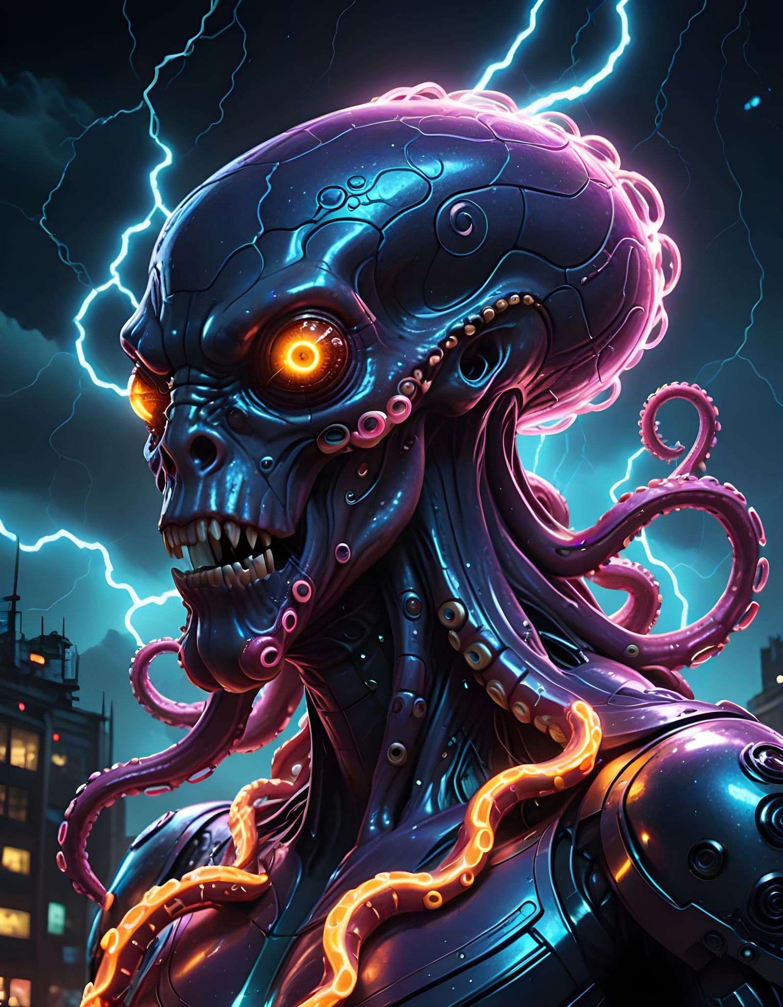 Hyperdetailed Neon Space Octopus in Retrofuturistic Poster A...