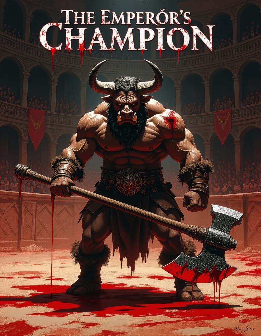 Minotaur Warrior Gripping Bloody Axe in Coliseum Arena