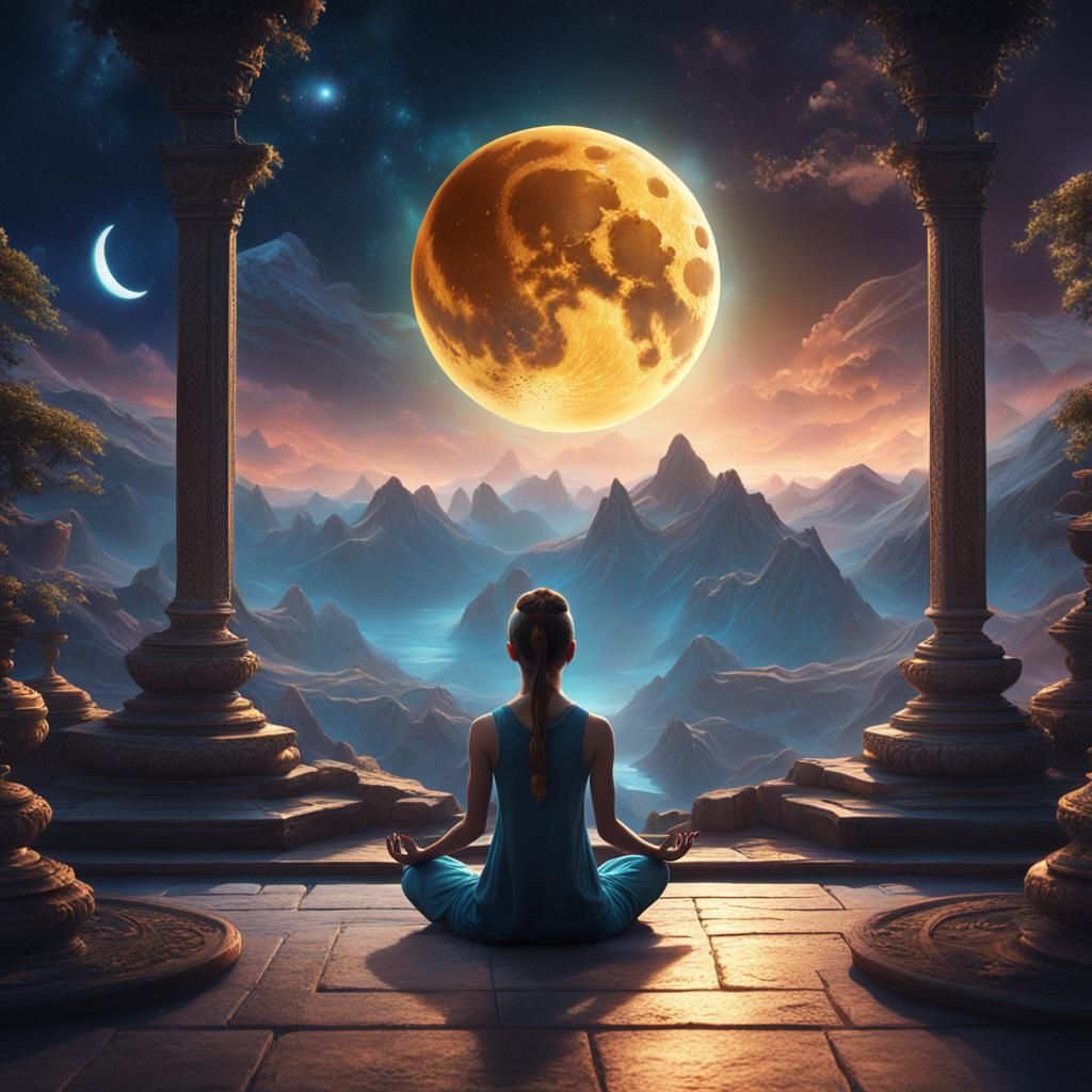 Woman Meditating by Crescent Moon, Fantasy Art