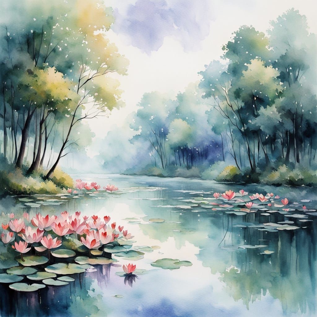 "Large lotus flowers" floating down the river in large groups, vibrant colours of pink, white, purple and orange, gracef...