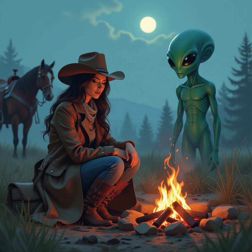 Cowgirl, Horse, Alien at Campfire in Rustic Style