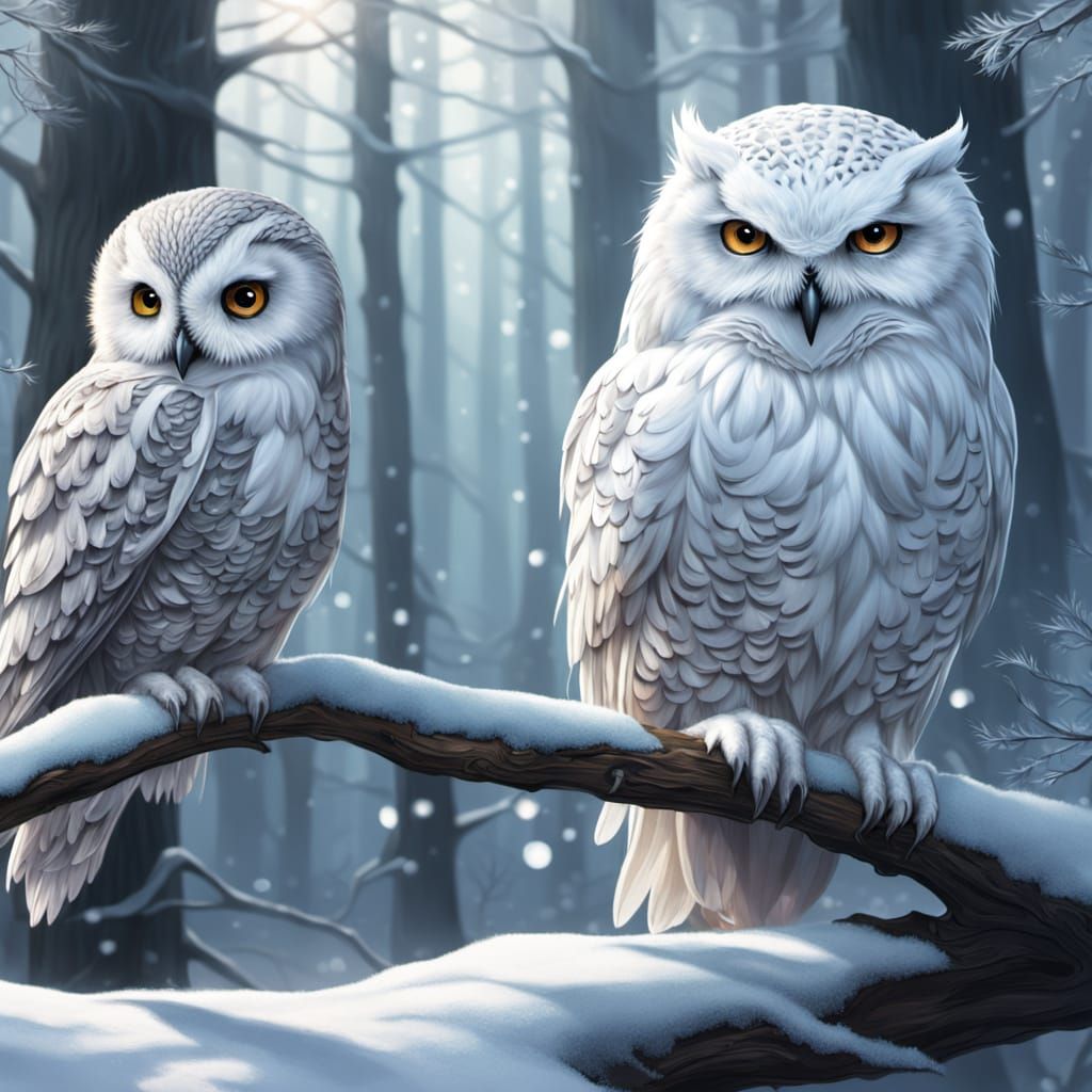 Elf Girl with Snowy Owl in Winter Forest