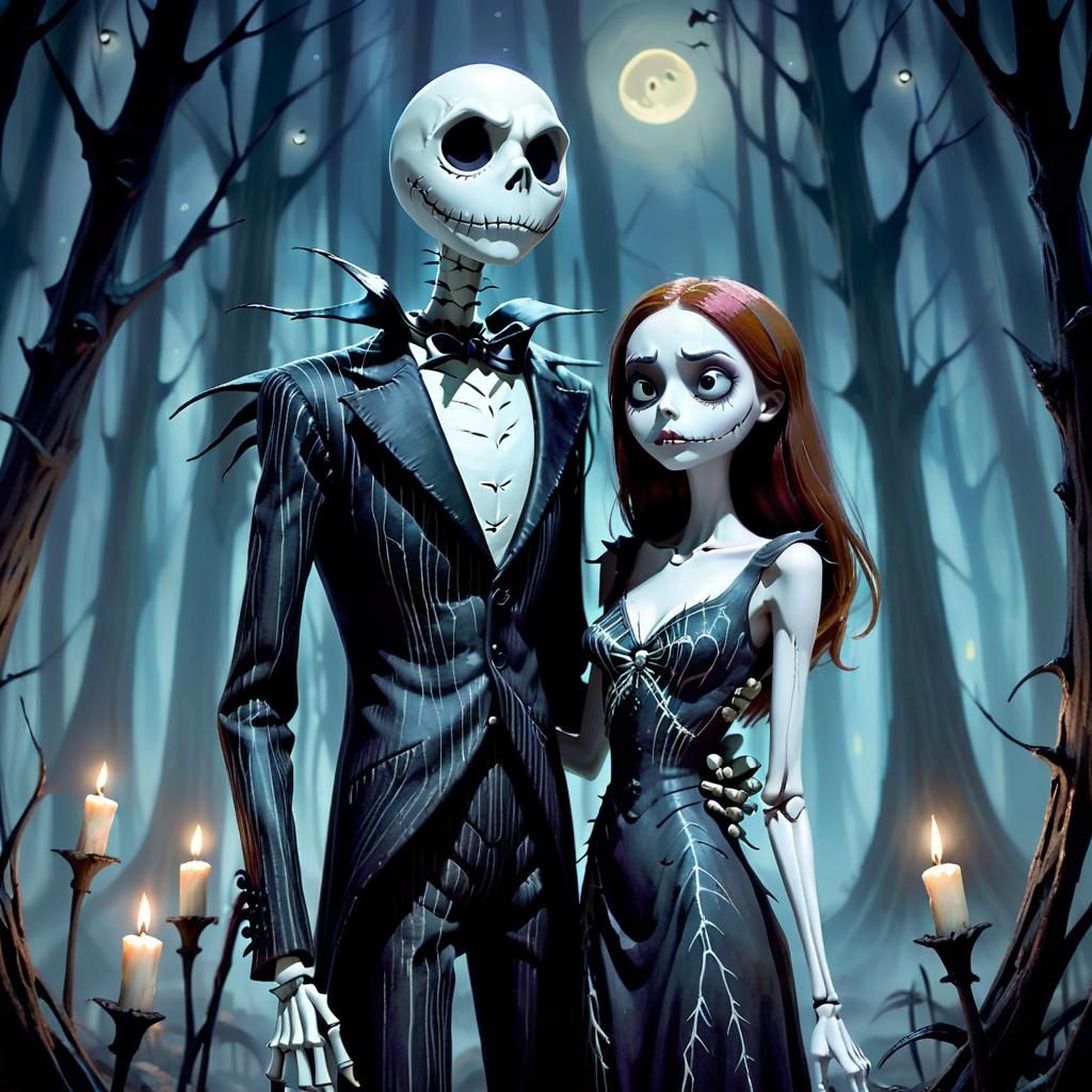 Jack and Sally in Eerie Forest, Oil Painting